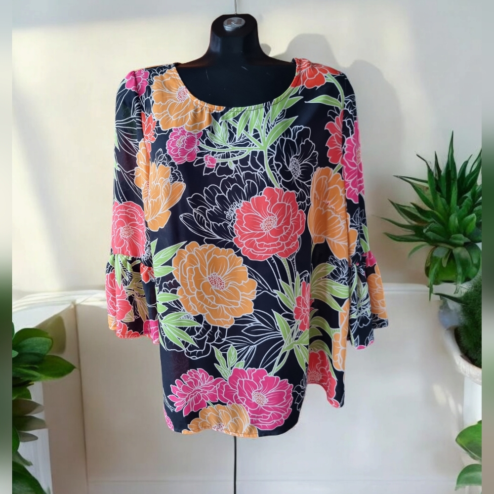 TACERA Floral Ruffled Bell Sleeves Tunic Blouse Size 1X
